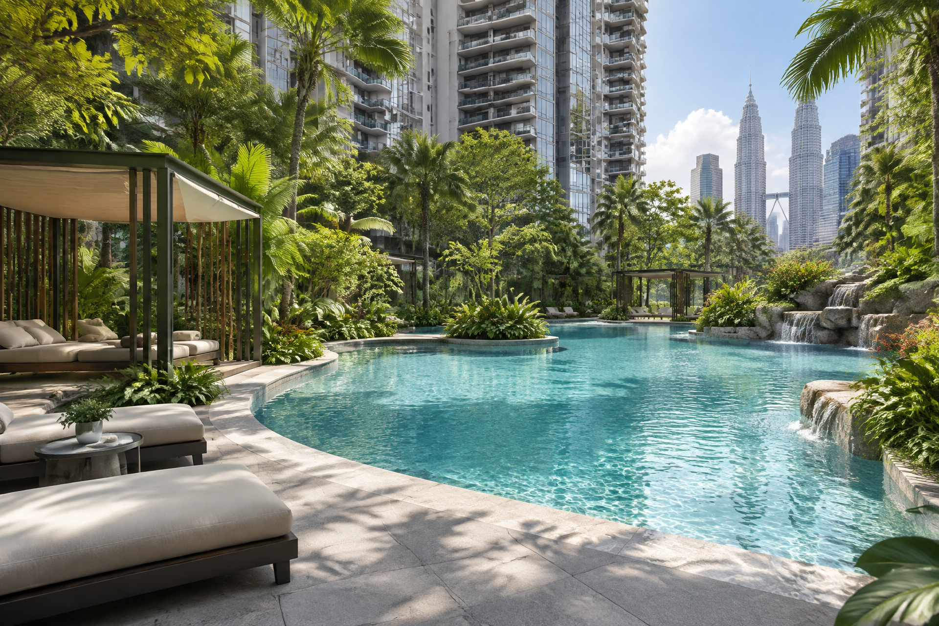 Lagoon-style lap pool, family pool and wet deck